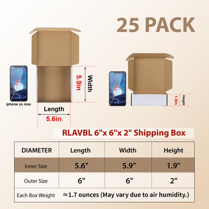 RLAVBL 6x6x2 Small Shipping Boxes Set of 25, White Corrugated Cardboard Box for Packing, Mailing, Business - Image 2